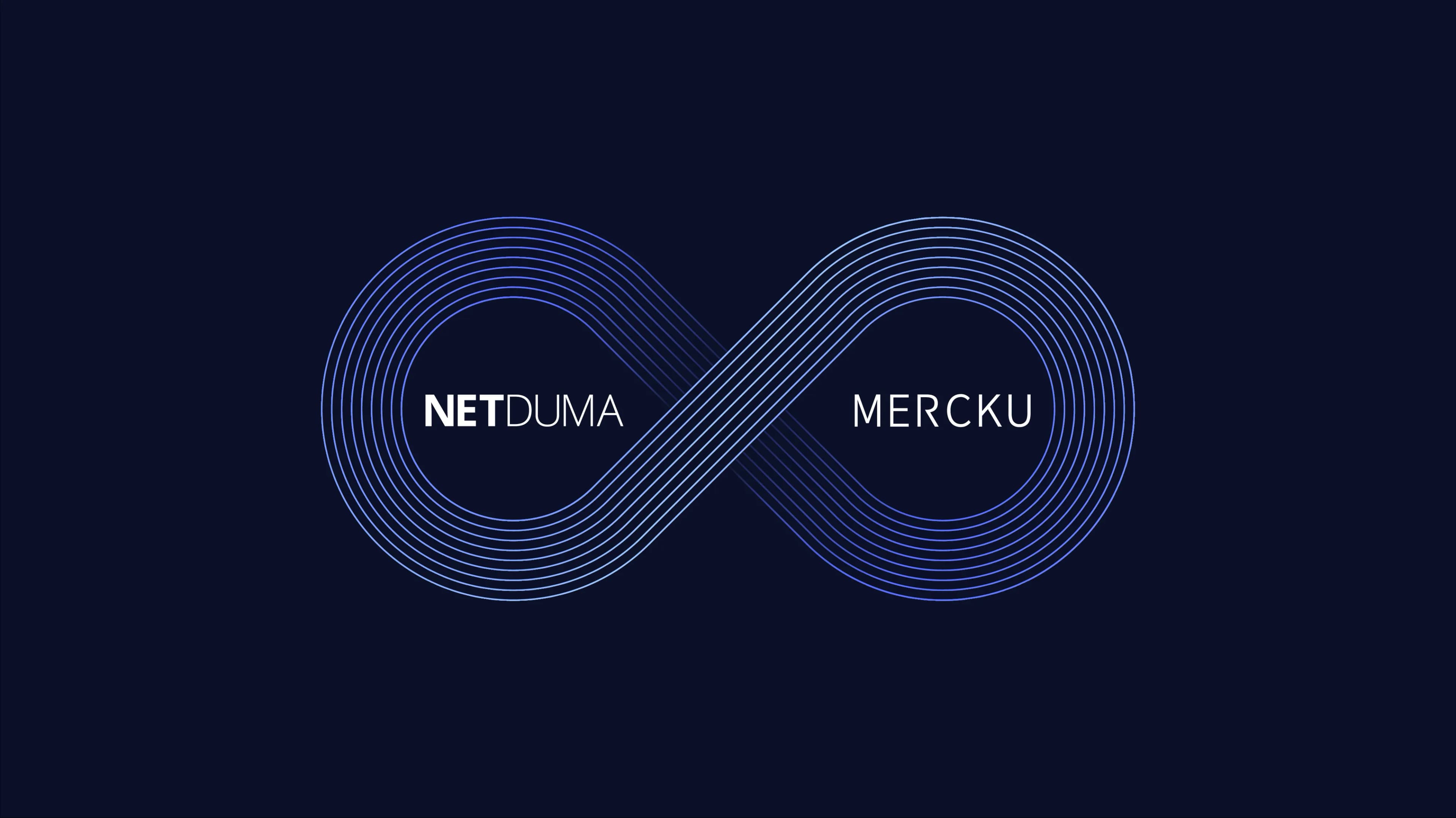 Blue infinity symbol with Netduma and Mercku logos inside each loop