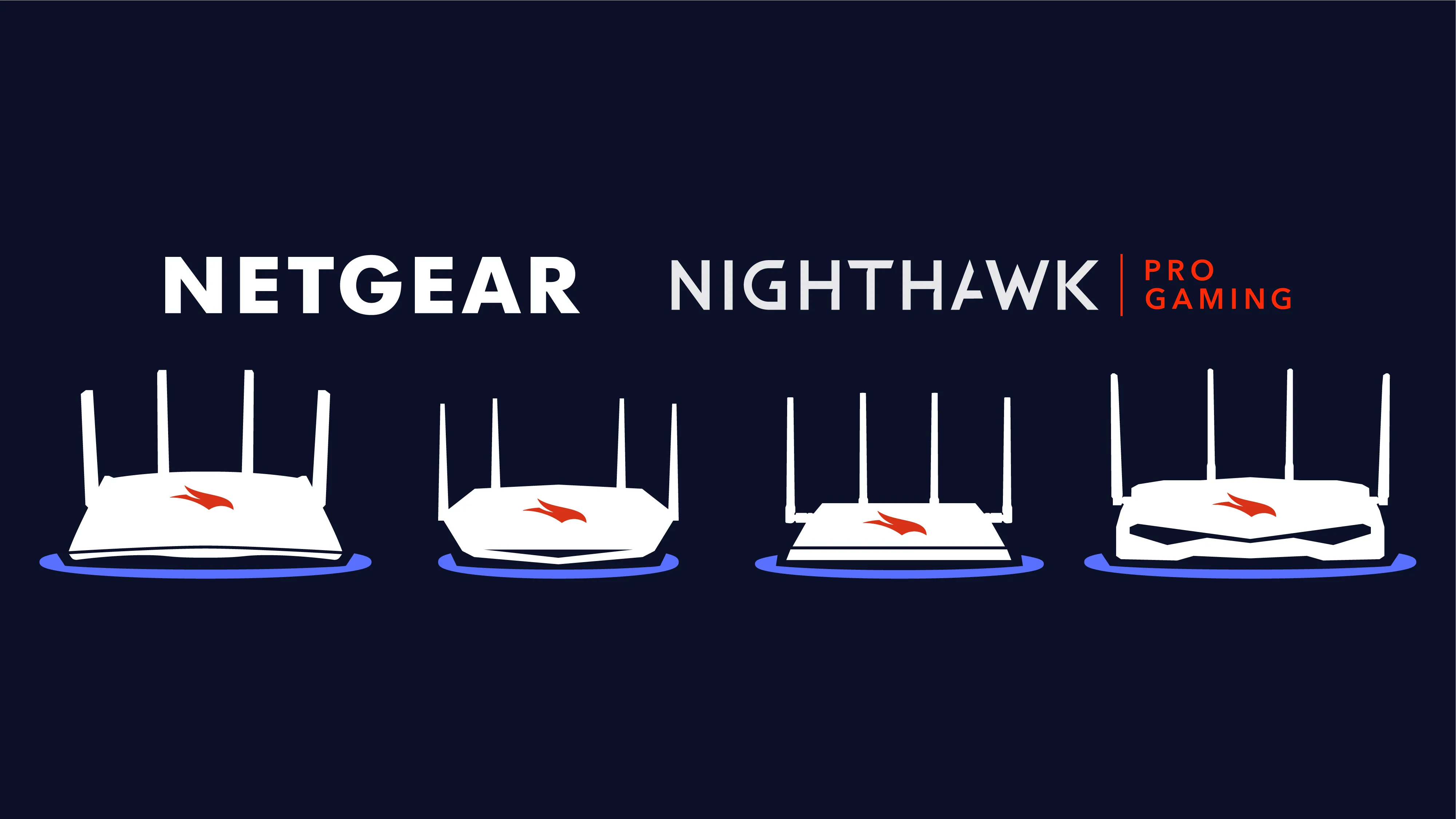 Netgear & Nighthawk Pro Gaming logos with lineup of four gaming router silhouettes