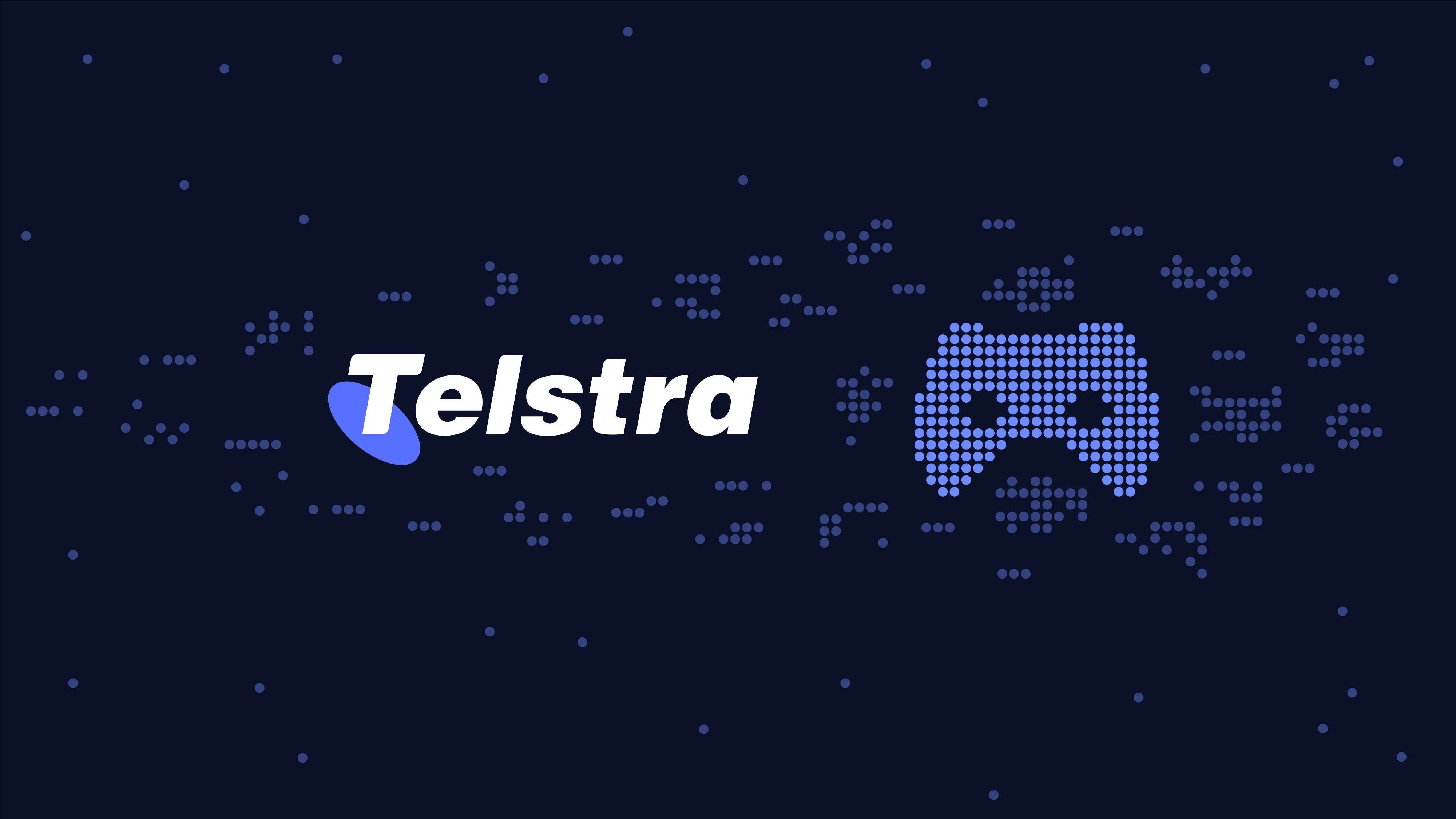 Telstra logo on blue background with glitch-effect gaming controller flying through pixel stars